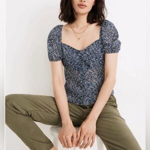 Madewell Blue Indigo Bengali Block-print Chiffon Sweetheart Lined Blouse 2